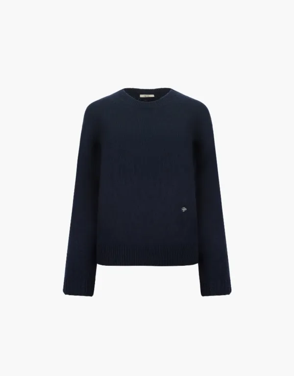 wool blended round pullover - navy