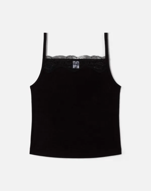 Lace Ribbed Cami - Black