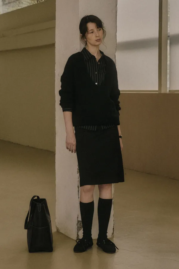 WOVEN WOOL MIDI SKIRT_BLACK