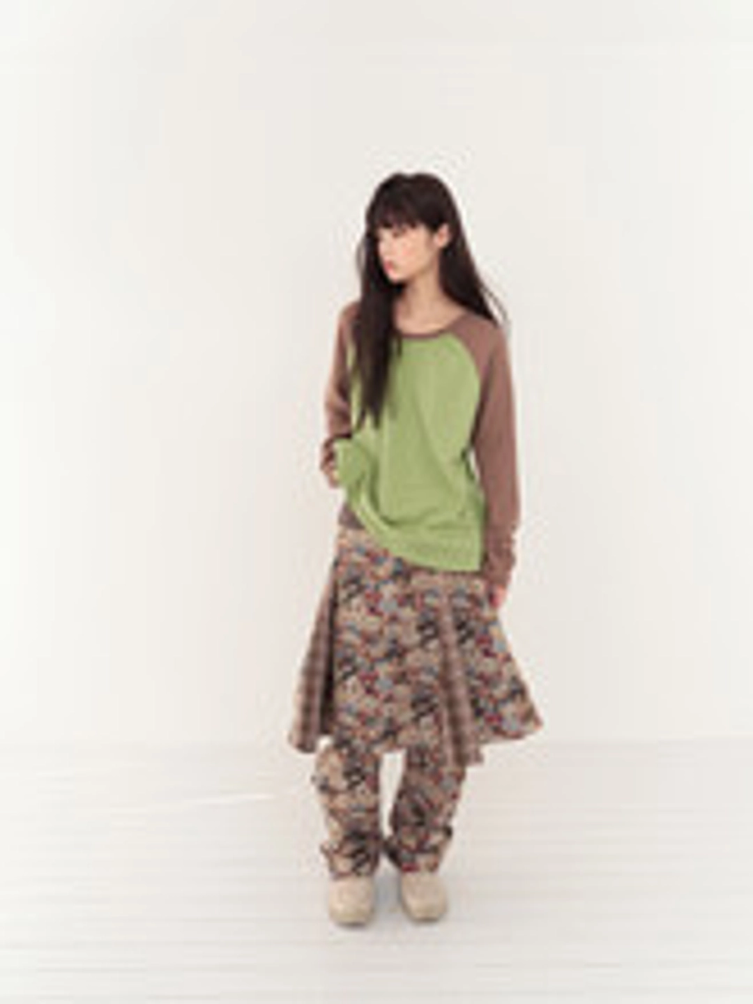 무음 Patchwork Flare Skirt (Brown) 상품 이미지 3
