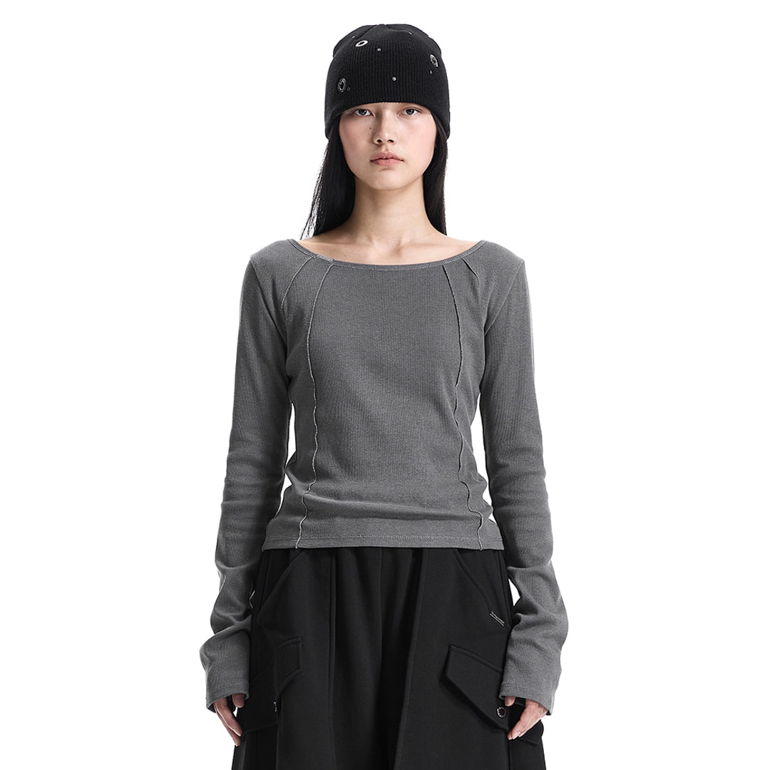 트리밍버드 Pigment-Washed Raw Edge Boat Neck T-Shirt [ Gray ] 상품 이미지 1