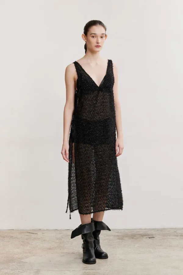 V-NECK GLITTER LAYERED DRESS (BLACK)