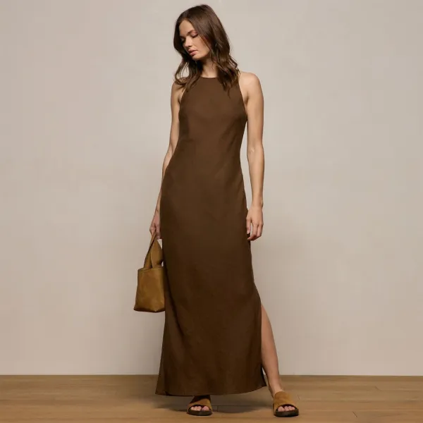 Linen Halter Maxi Dress - Cocoa