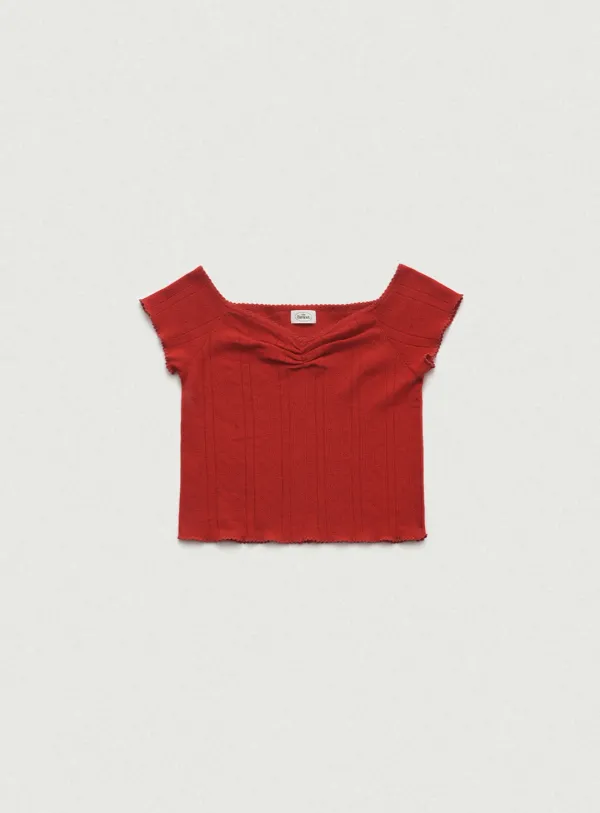 Cotton Eyelet Pintuck Knit Top_Red