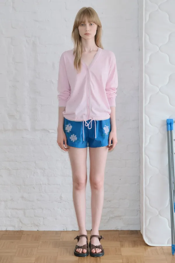 V Neck String Punching Cardigan (Light Pink)