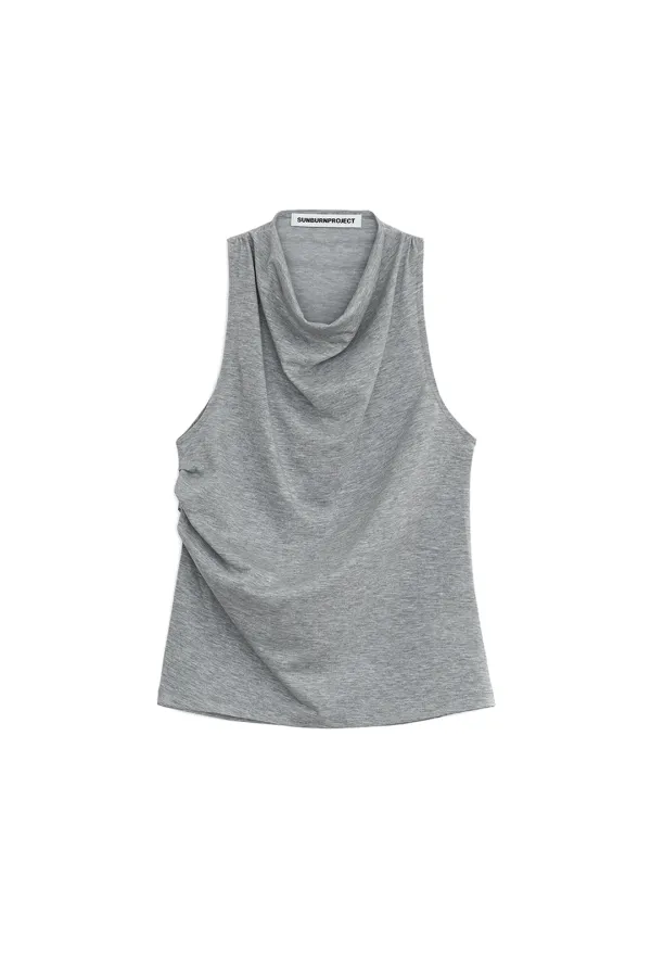 PIN TUCK HALTER NECK SLEEVELESS TOP, GRAY