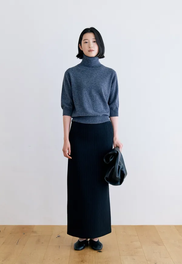 WOOL VERTICAL H LINE LONG SKIRT - BLACK
