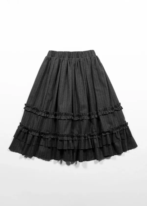 WOOL FRILL MIDI STRIPE SKIRT - GRAY