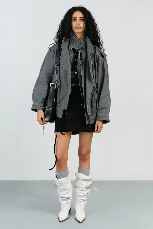 LAYERED COLLAR RIDER JACKET - GREY