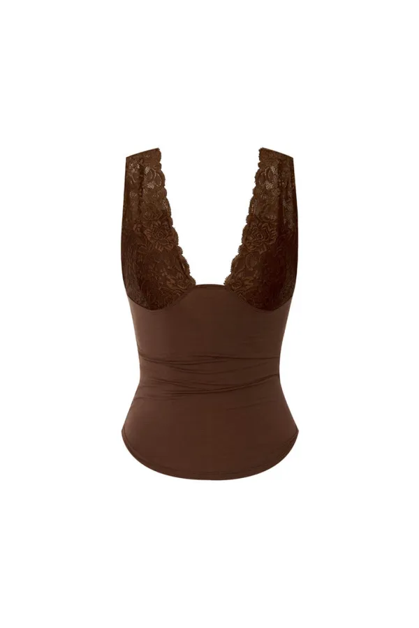 DEEP V-NECK LACE SLEEVELESS TOP (BROWN)
