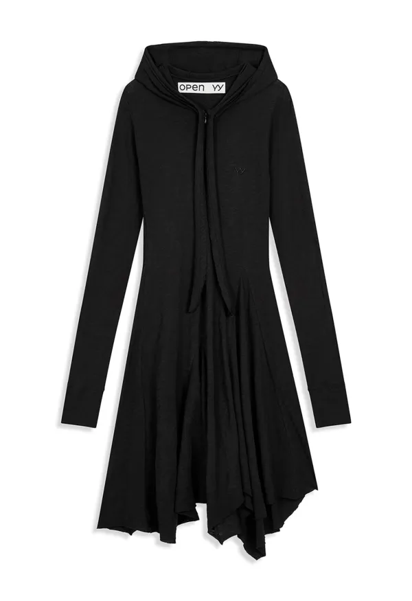 HOODED JERSEY DRESS, BLACK