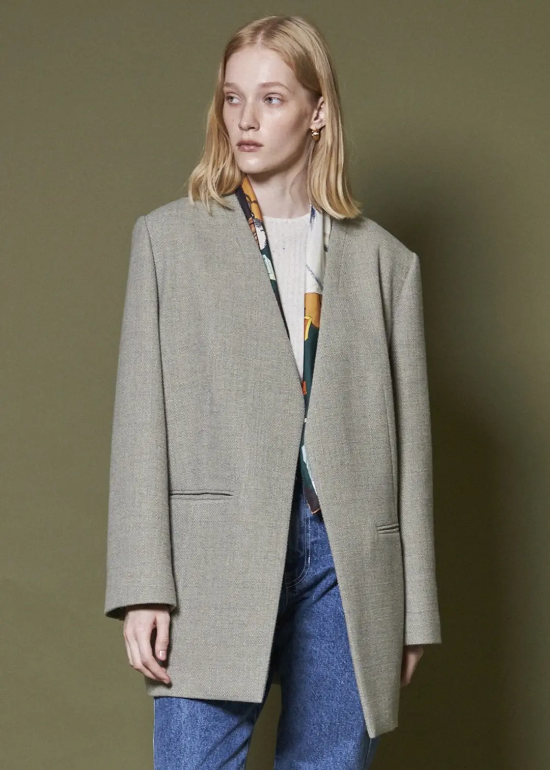 메종드이네스 COLLARLESS SINGLE JACKET _KHAKI GRAY 상품 이미지 2
