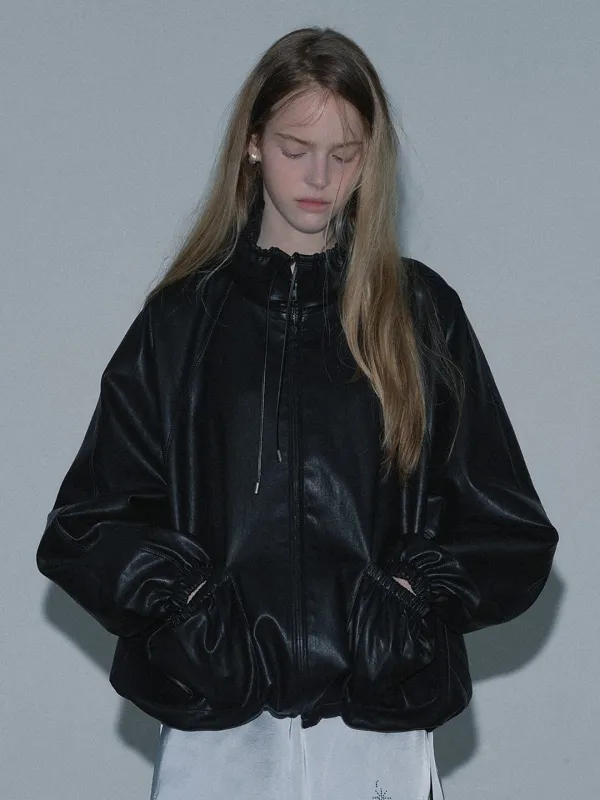 FAKE LEATHER SHIRRING ZIP-UP (BLACK)