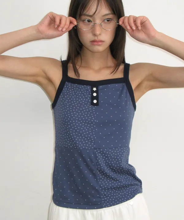 PATTERN PATCHWORK BUTTON SLEEVELESS NAVY