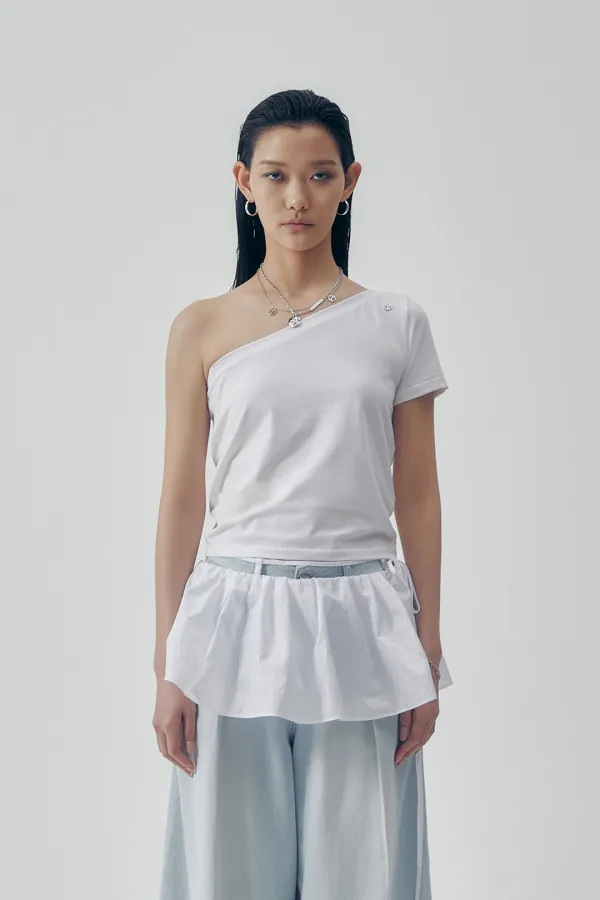 One-Shoulder Sleeve T-shirts [ White ]