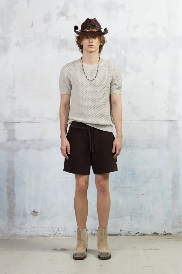 Men\'s Waffle Crochet Short Sleeved Knit Top, Gray