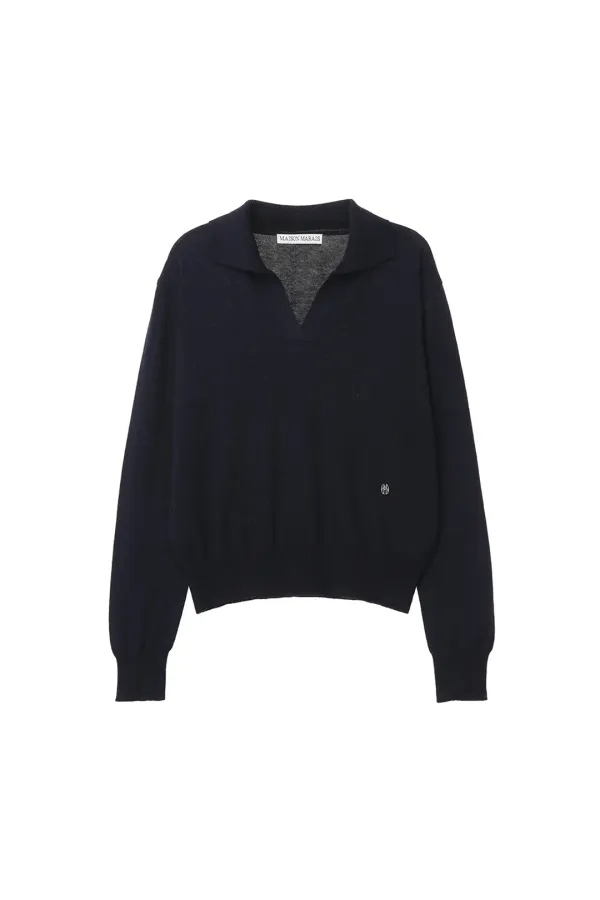 Spread-collar Knit Top, Navy