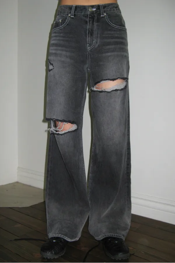 Washed Damage Denim Pants (Grey)