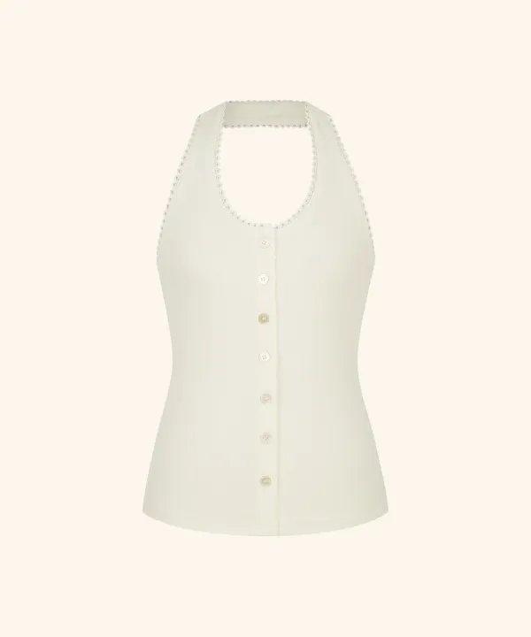 Letters Lace Button Halterneck Top (Cream)