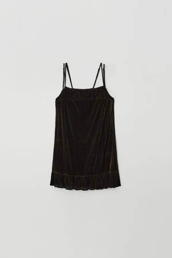Velvet Shirring Two-Strap Dress (brown)
