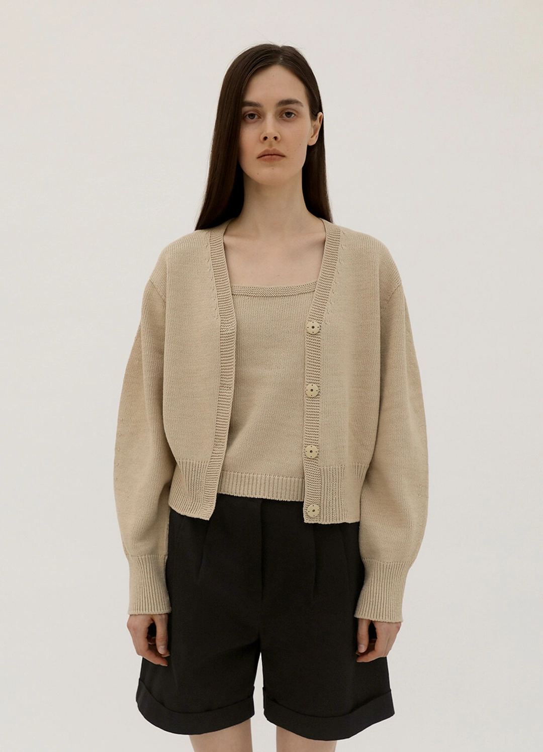 르바 Wholegarment Hidden Button Knit Cardigan - Beige 상품 이미지 1