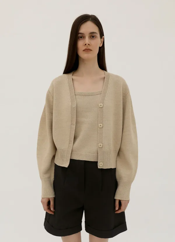 Wholegarment Hidden Button Knit Cardigan - Beige