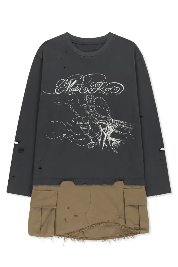 GRAPHIC TOP COMBO DRESS IN CHARCOAL