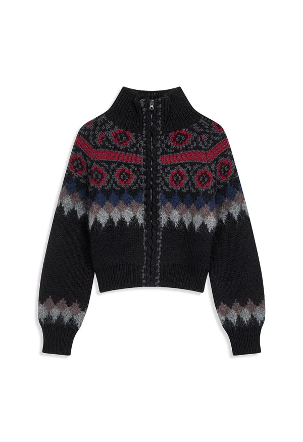 FAIR ISLE ZIP UP SWEATER, BLACK