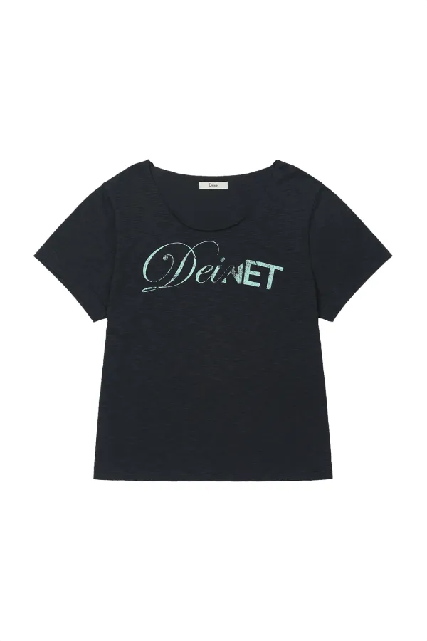 OFF SHOULDER GRAPHIC T-SHIRT IN NAVY