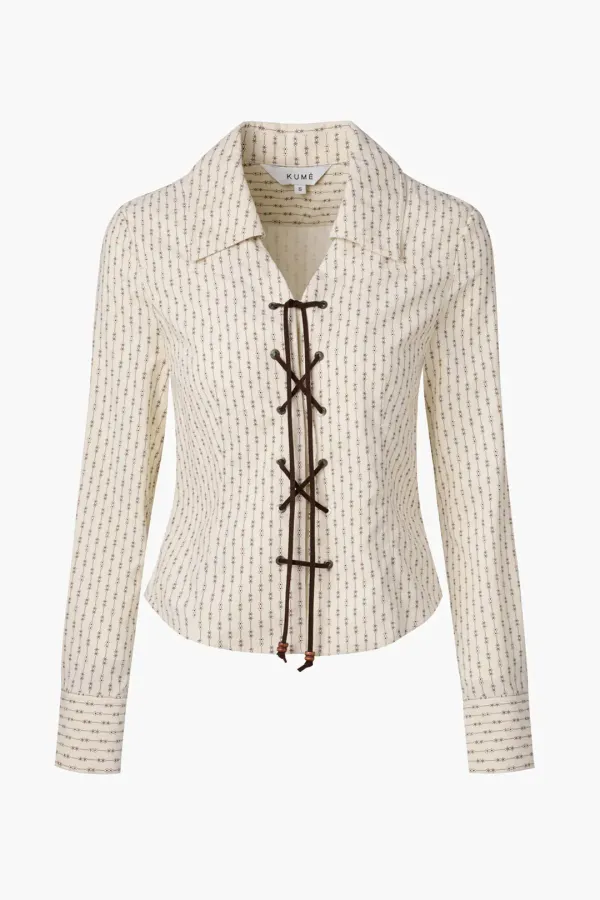Patterned corduroy string blouse, Ivory