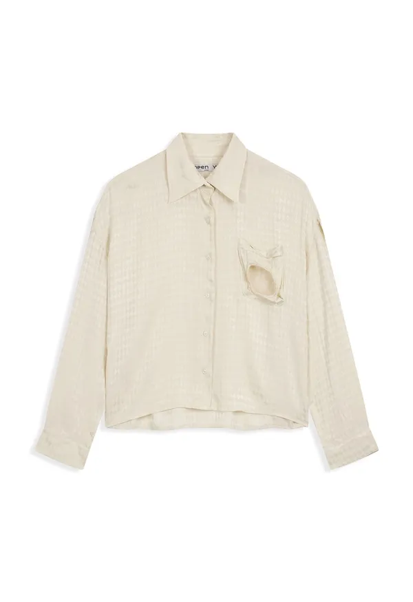 CHECKERED BEAD POCKET CROP SHIRT, IVORY