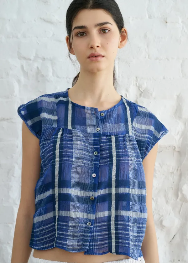 Check flare blouse (blue)
