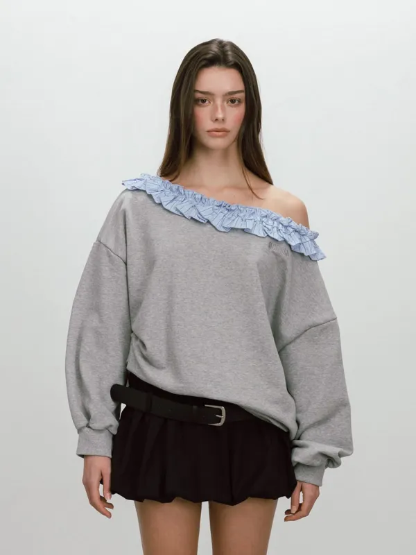 FRILL OFF SHOULDER SWEATSHIRT / GREY