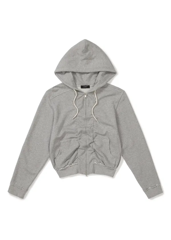 SHIRRING DETAIL ZIP-UP HOODIE (MELANGE GREY)