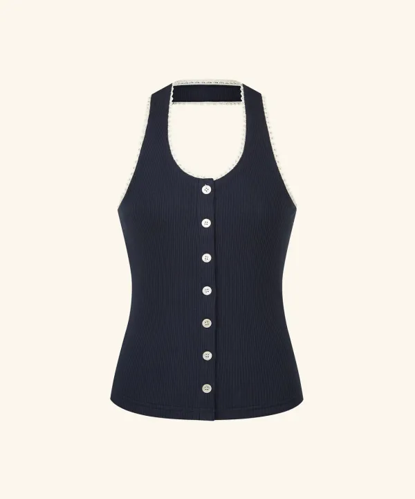 Letters Lace Button Halterneck Top (Navy)