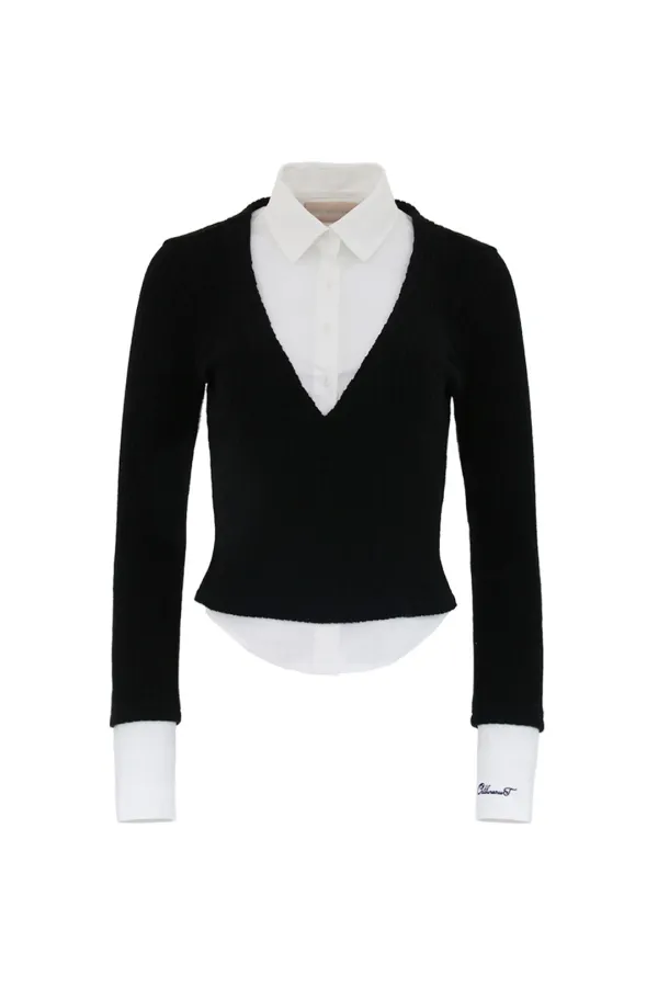 LAYERED V NECK KNIT SHIRTS WHITE/BLACK