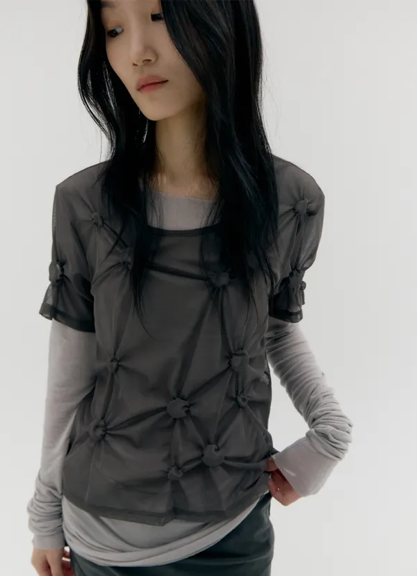 [5월 22일 이후 예약배송] [3rd REORDER] MESH DOT SHIRRED T-SHIRT, CHARCOAL
