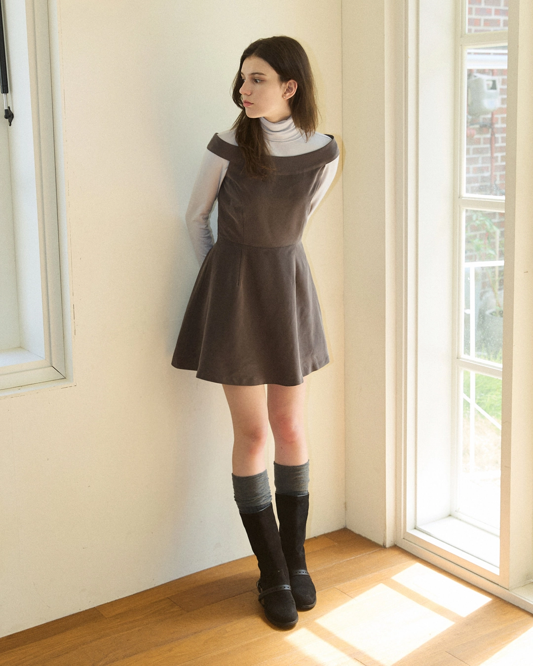 어다울 Matt slim off shoulder mini dress - grey 상품 이미지 2