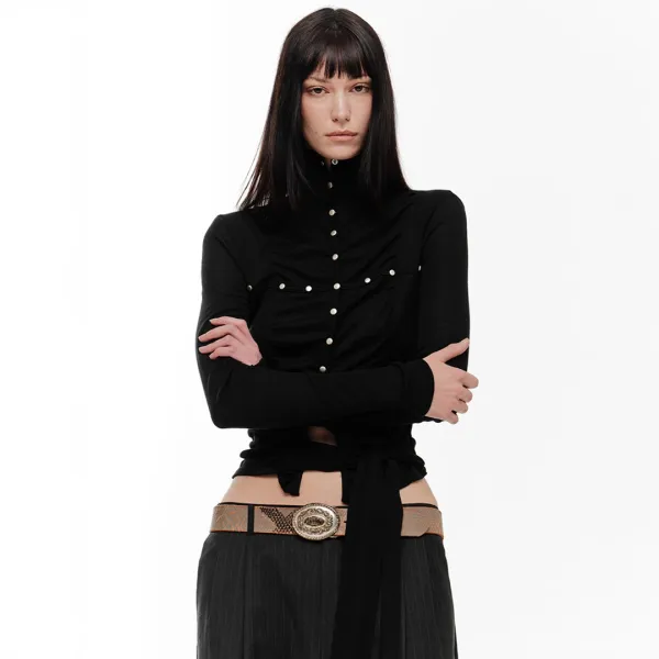 LENA SHIRRING HIGH NECK TOP (BLACK)