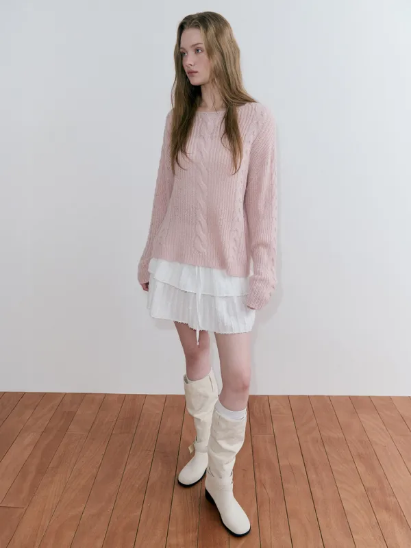 [10/14 예약배송] Boat-Neck Cable Knit Pullover, Light Pink