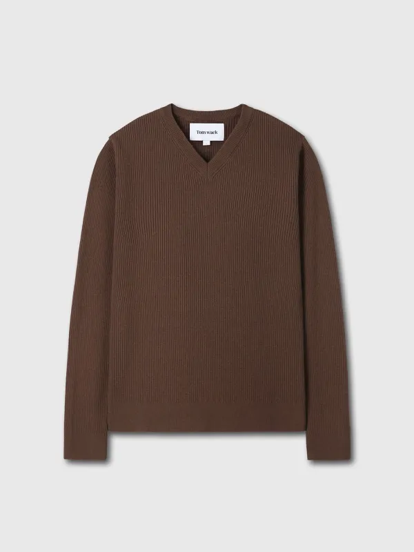 SUPER FINE WOOL RIBBED V-NECK SWEATER_ BROWN