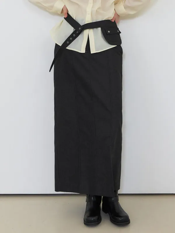 Belt Pintuck Long Skirt, Black