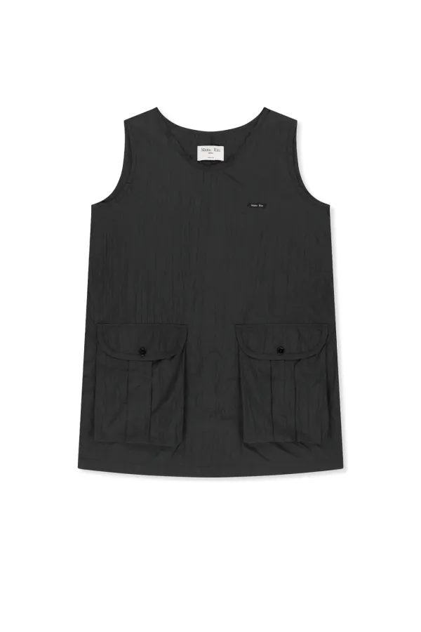 RAW EDGE PATCH POCKET SLEEVELESS DRESS IN BLACK