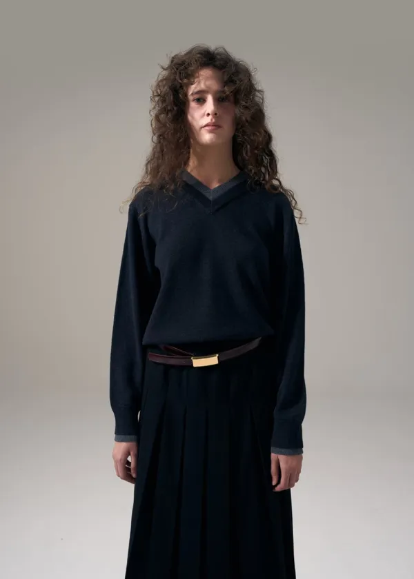 W LAYERED V-NECK MERINO KNIT TOP - CHARCOAL