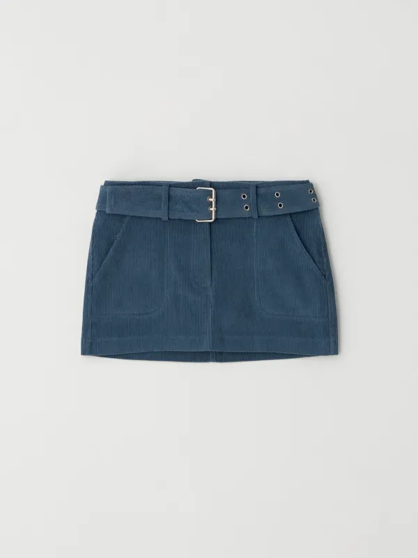 Belted Corduroy Mini Skirt (Blue)
