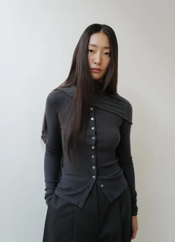 Rib Line Button Cardigan / Blue Gray