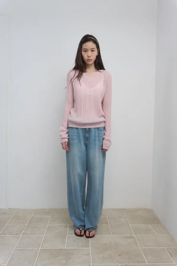 SHEER V-NECK KNIT_LIGHT PINK