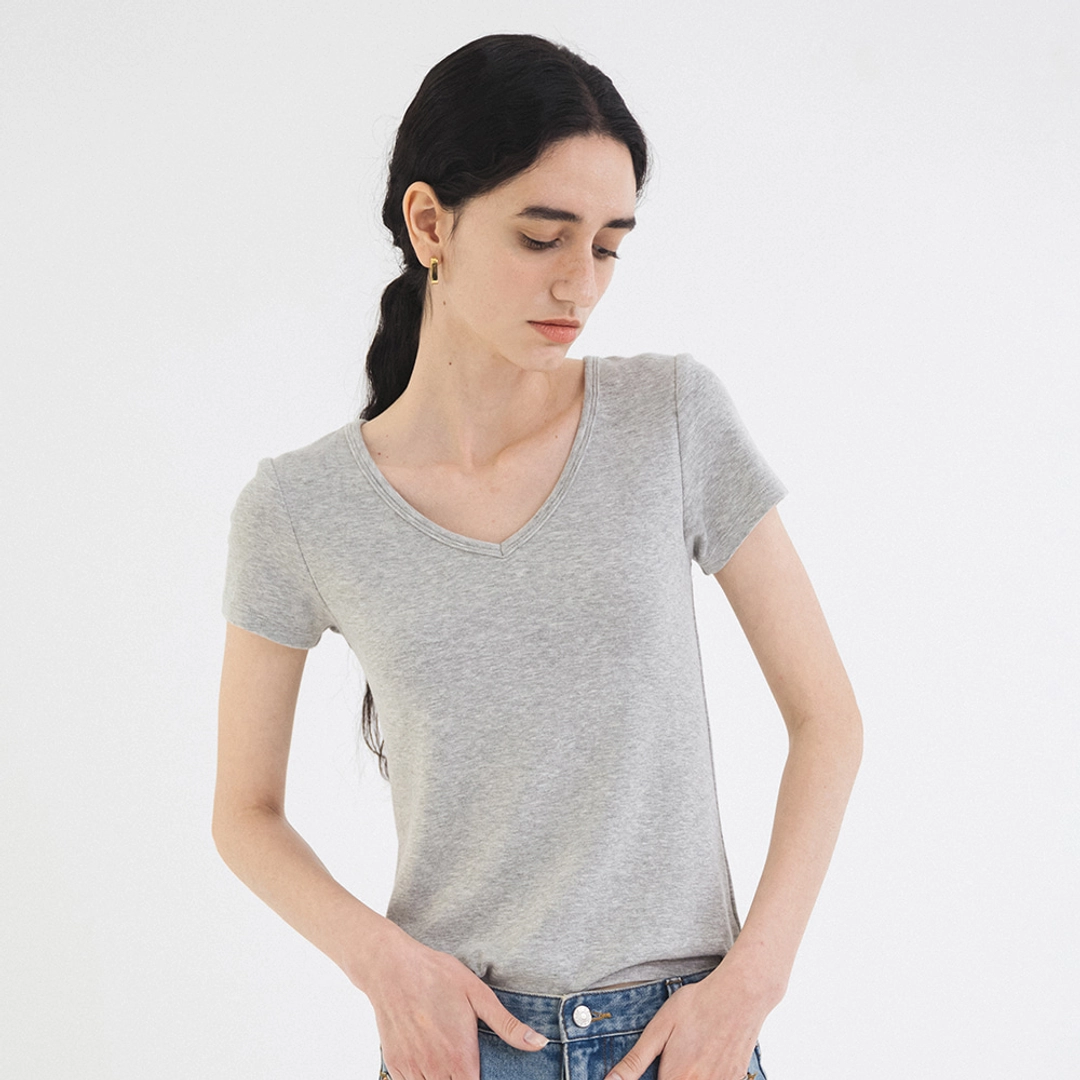 시야쥬 SITP5202 레트로 브이넥 슬림 반팔티_Melange gray 상품 이미지 2