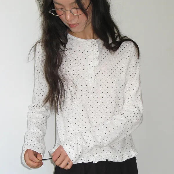 DOT RUFFLE LONG SLEEVE T SHIRT WHITE