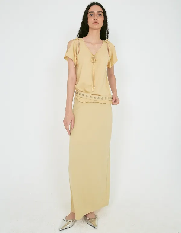 EYELET BELTED SLIT SKIRT, YELLOW